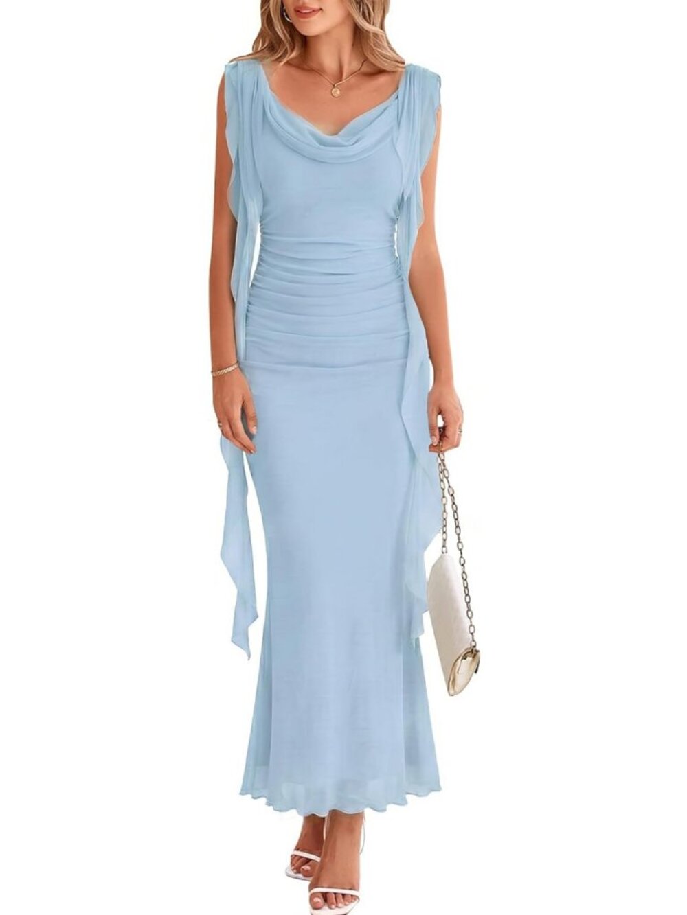 Ruffle Cowl Neck Bodycon Maxi Dress - Sleeveless Summer Wedding & Party Dress